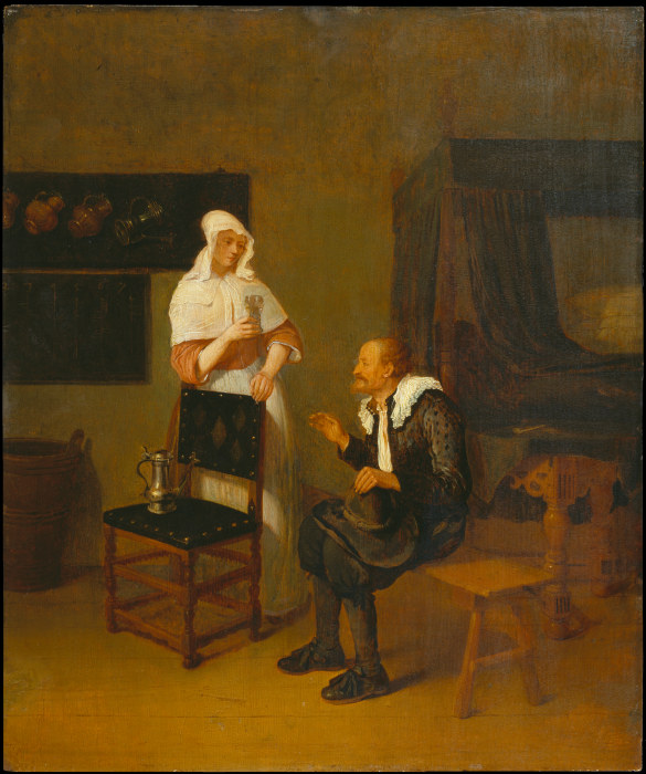 Scene at an Inn with elderly Guest and servant Maid a Quiringh van Brekelenkam