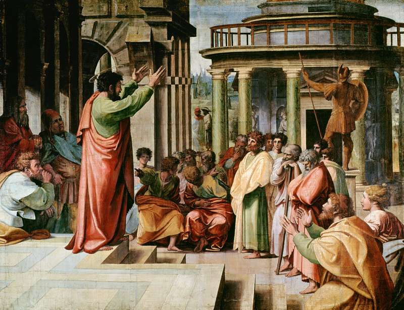 St. Paul Preaching at Athens (cartoon for the Sistine Chapel) (PRE RESTORATION) a Raffaello Sanzio