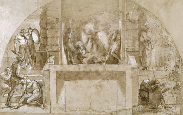 Compositional study for 'The Liberation of St. Peter' in the Stanza d'Eliodoro in the Vatican (pen & a Raffaello Sanzio