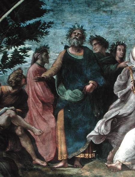 The Parnassus, detail of Homer, Dante and Virgil, in the Stanze della Segnatura a Raffaello Sanzio