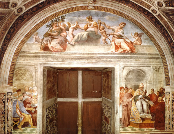 The Judicial Virtues: Pope Gregory IX approving the Vatical Decretals; Justinian handing the Pandect a Raffaello Sanzio