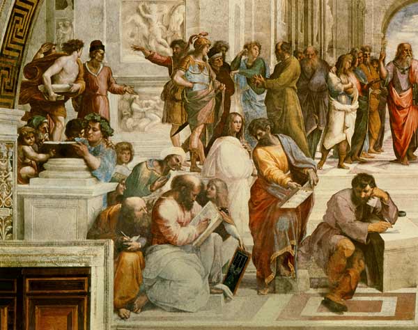 The School of Athens, detail from the left hand side showing Pythagoras surrounded by students and M a Raffaello Sanzio