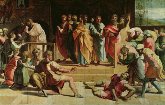 The Death of Ananias (cartoon for the Sistine Chapel) (PRE RESTORATION) a Raffaello Sanzio