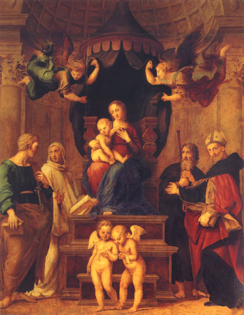 Madonna del Baldacchino (with child, four saints and four angels) a Raffaello Sanzio