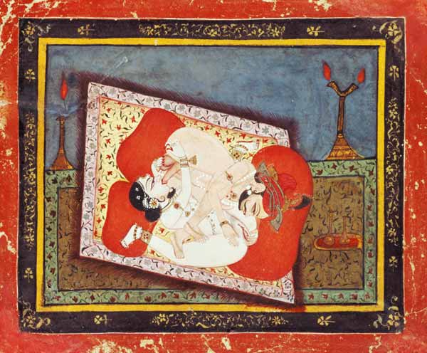 'The posture of the crow' from the Kama Sutra, ecstatic oral intercourse between a prince and a lady a Rajput School