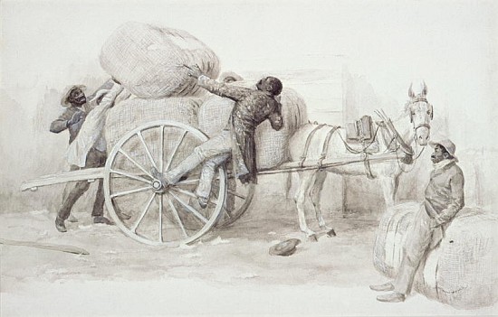 Negroes loading Cotton Bales at Charleston (pen & wash on paper) a Randolph Caldecott