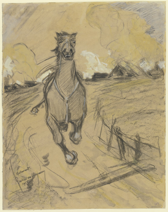 Gesatteltes reiterloses Pferd auf der Flucht, im Hintergrund ein brennendes Dorf a Reinhard Pfaehler von Othegraven