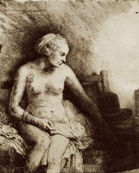 Nackte Frau auf einer Bank a Rembrandt van Rijn