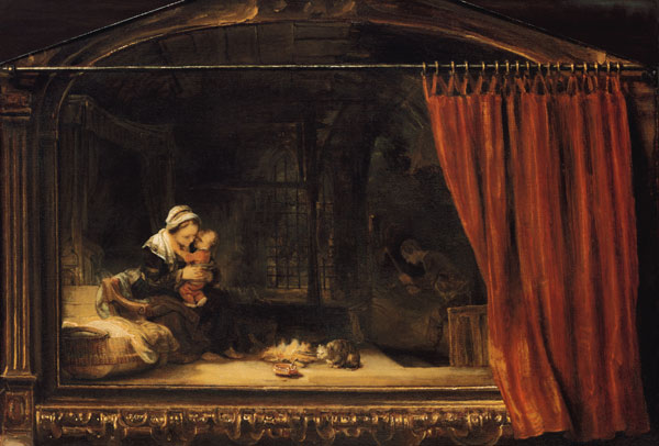 The Holy Family with a curtain (so-called Holzhackerfamilie) a Rembrandt van Rijn