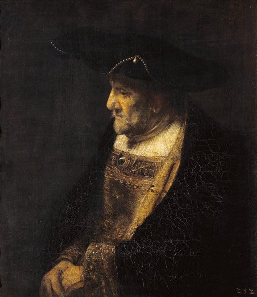 Portrait of a man with pearls at the hat. a Rembrandt van Rijn