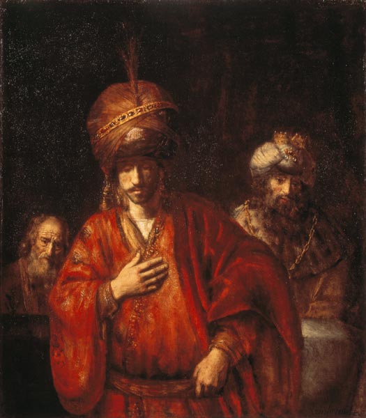 Haman Recognizes His Fate (David and Uriah) a Rembrandt van Rijn