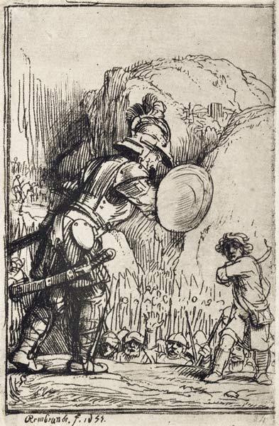 David and Goliath. Illustration for Piedra gloriosa by Menasseh ben Israel a Rembrandt van Rijn