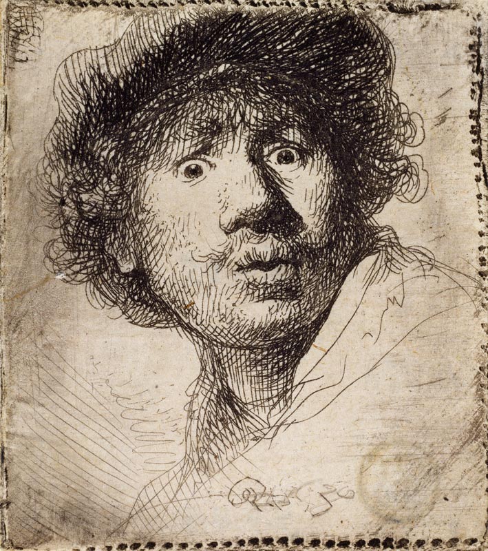 Self-Portrait in a cap, wide-eyed and open-mouthed a Rembrandt van Rijn
