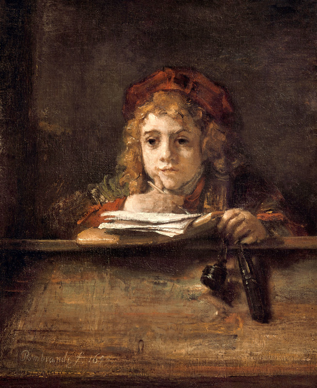 Titus at his table a Rembrandt van Rijn