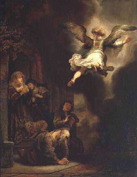 The Archangel Raphael Taking Leave of the Tobit Family a Rembrandt van Rijn