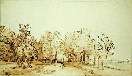 Avenue with a footpath and a farmhouse on the left a Rembrandt van Rijn