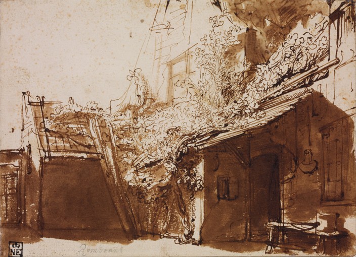 Farmhouse in Light and Shadow a Rembrandt van Rijn