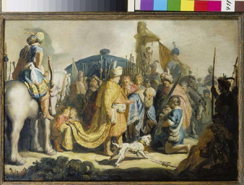 David submits the head of Goliath to king Saul. a Rembrandt van Rijn