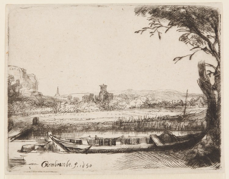 Casnal with a large boat and a Bridge a Rembrandt van Rijn
