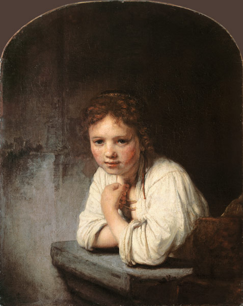 Young girl, leaning on a window parapet a Rembrandt van Rijn