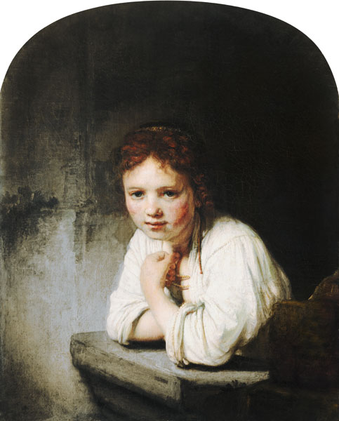Young girl, leaning on a window parapet a Rembrandt van Rijn