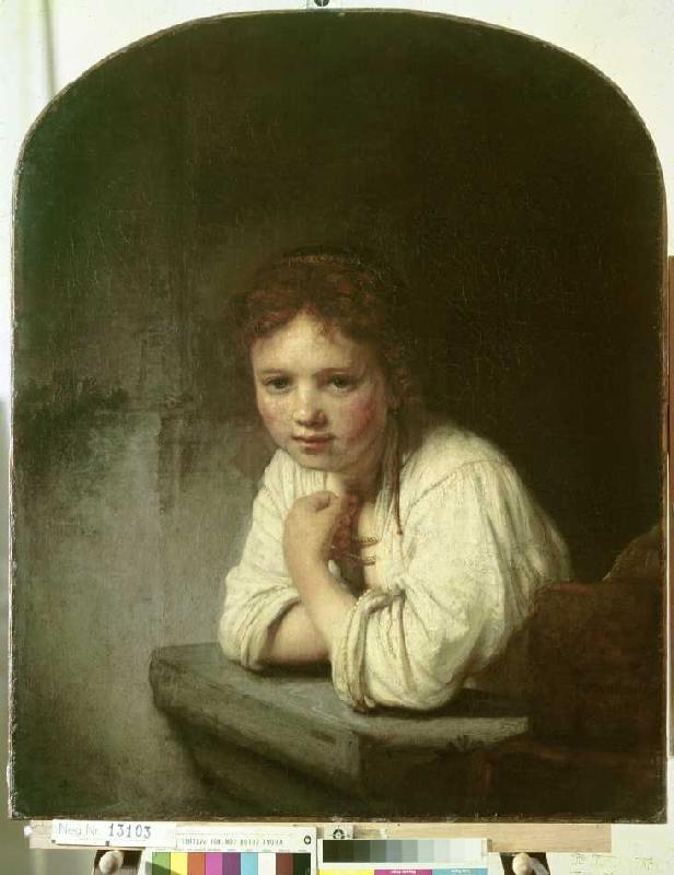 Mädchen, sich auf eine Fensterbrüstung lehnend a Rembrandt van Rijn