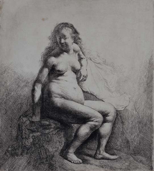 Nakte Frau auf einem Erhügel sitzend a Rembrandt van Rijn