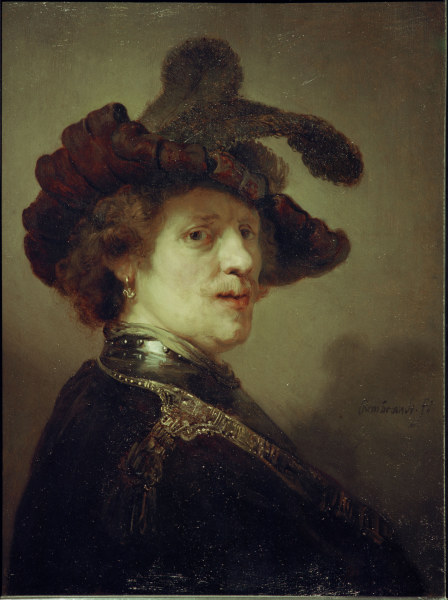 Rembrandt, Selbstbildnis mit Federhut a Rembrandt van Rijn