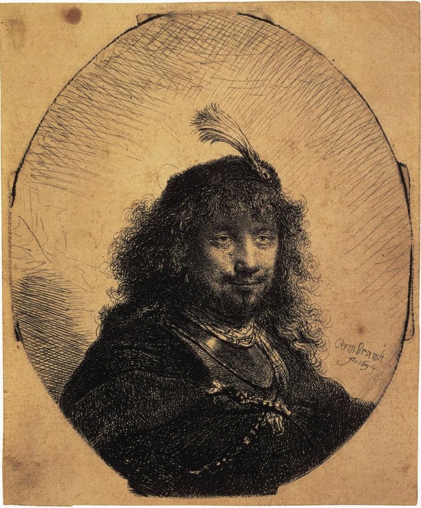 Self-Portrait in a Cap with a Plume and a Sabre a Rembrandt van Rijn