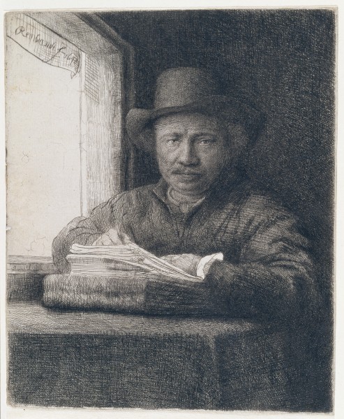 Self-Portrait etching at a window a Rembrandt van Rijn