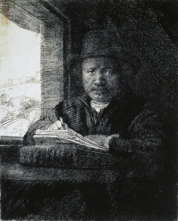 Self-Portrait Drawing by a Window a Rembrandt van Rijn