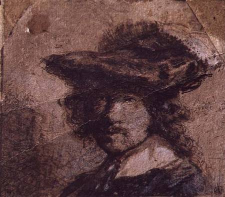 Self Portrait with a Plumed Hat and White Collar a Rembrandt van Rijn