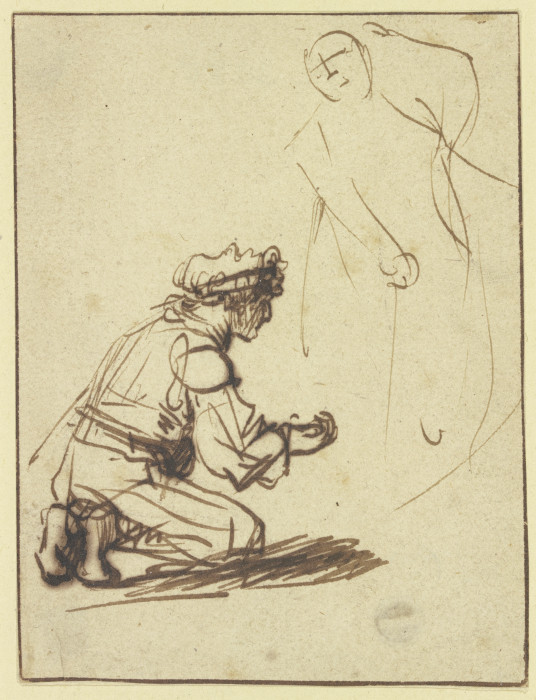Vor einer nur angedeuteten Gestalt kniender Mann a Rembrandt van Rijn