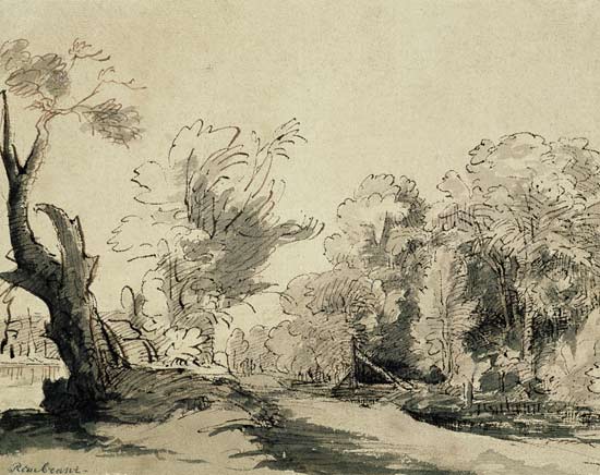 Landscape with a path, an almost dead tree on the left and a footbridge leading to a farm on the rig a Rembrandt van Rijn