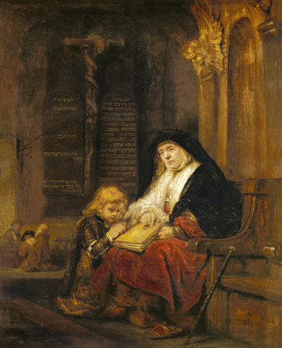 The prophet Hannah in the temple, Samuel's prayer testing. a Rembrandt (Laboratorio)