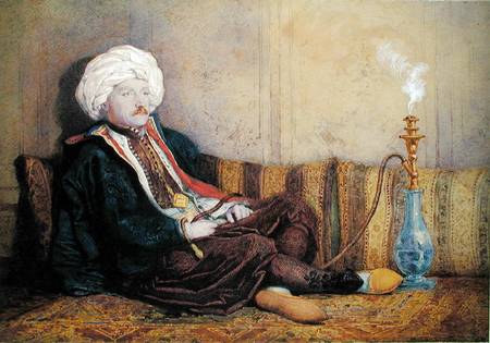 Portrait of Sir Thomas Philips in Eastern Costume, Reclining with a Hookah  heightened with white on a Richard Dadd