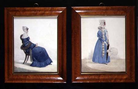 Two portraits of a Seated and a Standing Lady in Blue Dresses a Richard Dighton