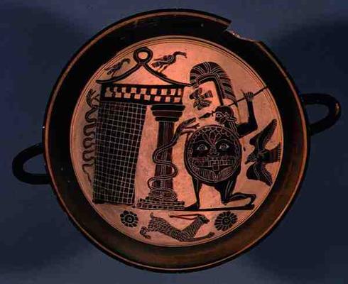 Laconian black-figure cup depicting a warrior attacking a snake, 6th century BC (pottery) a Rider Painter