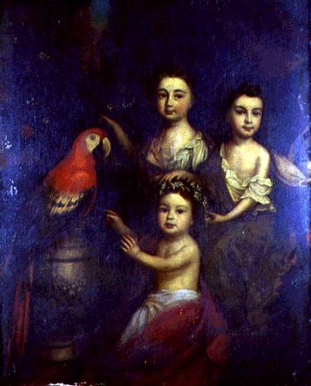 Portrait of Three Children with a Macaw a Robert Byng or Bing