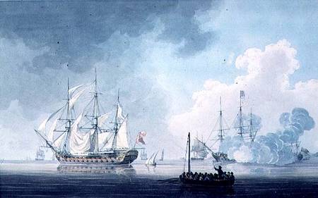 English Ships of War, one firing a Salute a Robert Cleveley