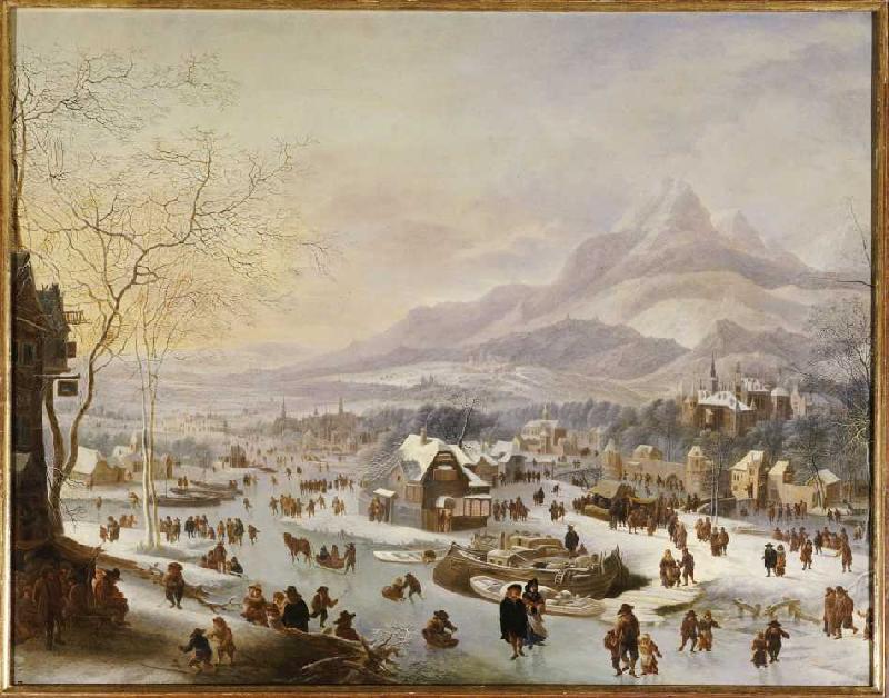 Big wintry riverside at a town in front of the mountains a Robert Griffier