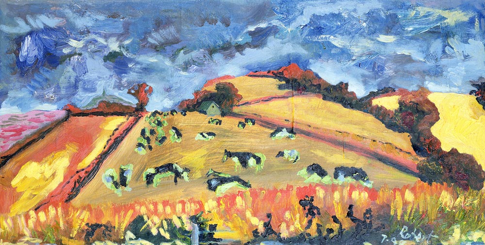 Sun, Fields, Cows: Somerset, 1998 (oil on board)  a Robert  Hobhouse