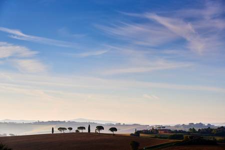 Silhouetten Landschaft mit Pinien und Zypressen in Umbrien