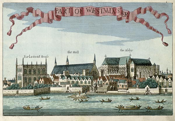 Westminster showing the Abbey, Hall and Parliament House, from ''A Book of the Prospects of the Rema a Robert Morden