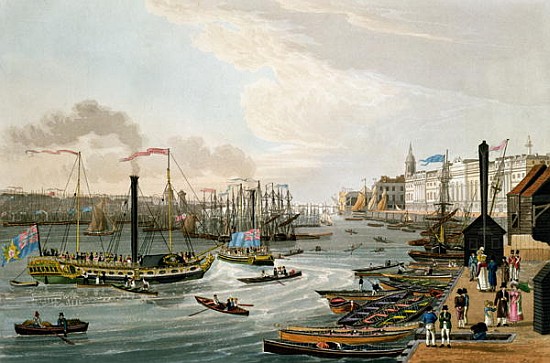 A View of London Bridge and the Custom House, with the Margate Steam Yachts, pub. 1820 Colnaghi & Co a Robert the Elder Havell