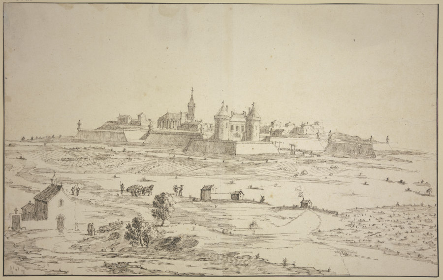 Ansicht einer befestigten Stadt, links vorne eine Kapelle a Robert van den Hoecke