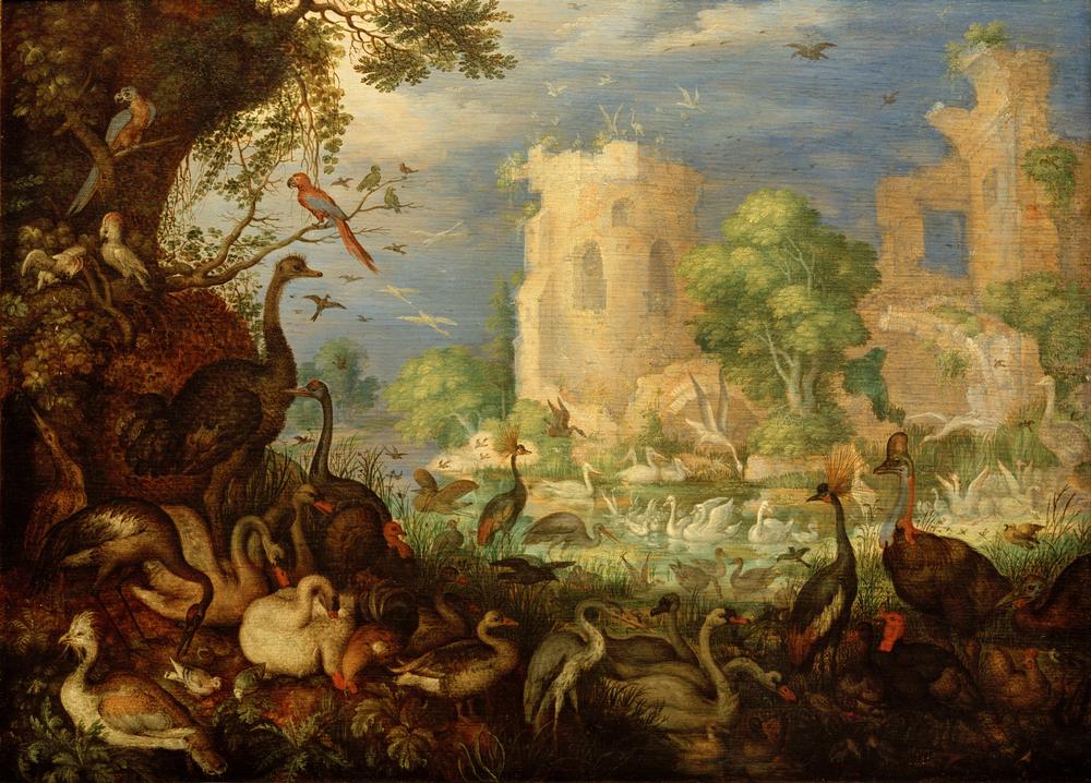 Exotische Vögel in einer Landschaft mit Teich und Ruinen mit der Entführung des Ganymed a Roelant Jakobsz Savery