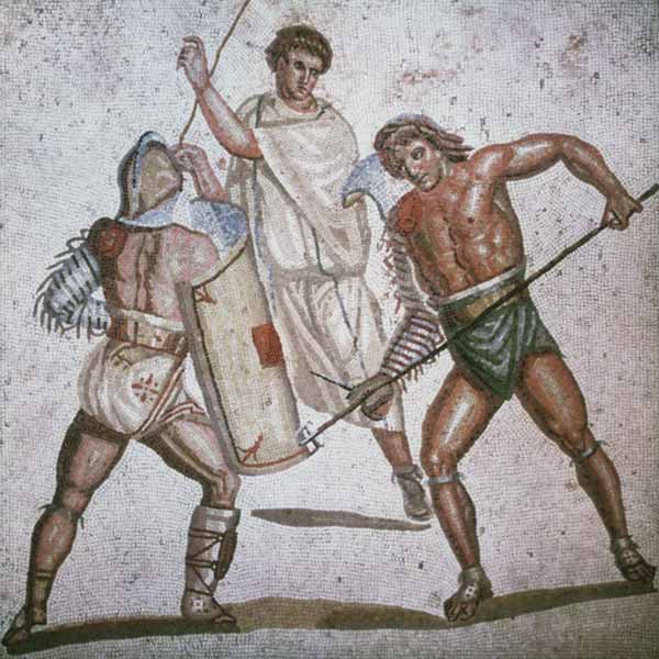 Two fighting gladiators and an arbitrator mosaic a römisch Mosaik
