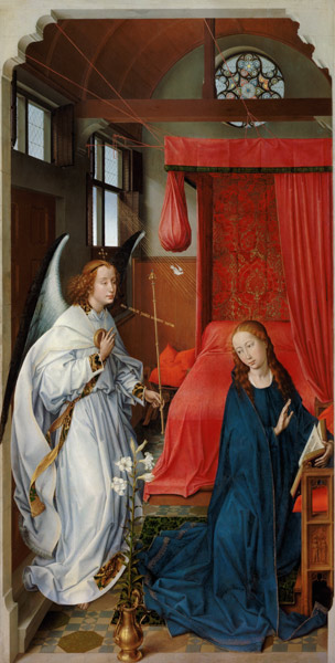 Dreikönigsaltar. Linker Flügel: Verkündigung Mariae, um 1455. a Rogier van der Weyden