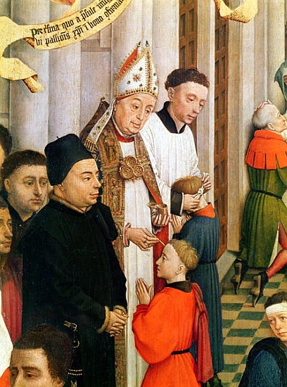 The Seven Sacraments Altarpiece, detail of Jean Chevrot (1400-60) Bishop of Tournai confirming a boy a Rogier van der Weyden